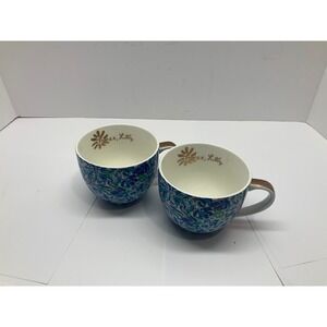 Lilly Pulitzer Ceramic Coffee Mug Set of 2 Blue Floral Gold Handle xx Lilly
